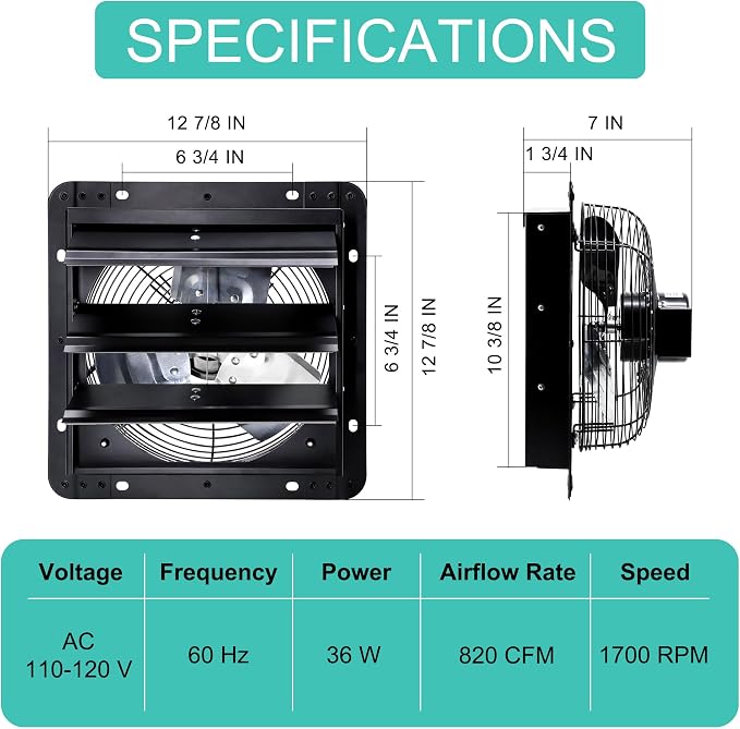 10 Inch Shutter Exhaust Fan, Wall Mount Attic Fan with Power Cord for Greenhouse, Shed, Garage, Barn, Chicken Coop Ventilation, 820 CFM, Black