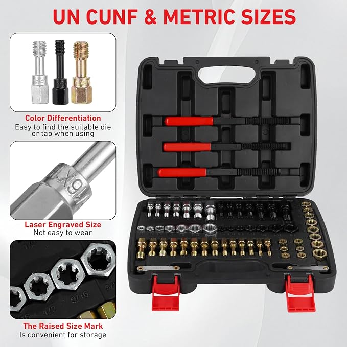 61Pcs Thread Restorer Kit, Rethread Repair Tool, UNC, UNF & MetricThread Chaser Set with Thread Pitch Gauge, Repair or Reshape Damaged Threads on Bolts, Screws, or Nuts