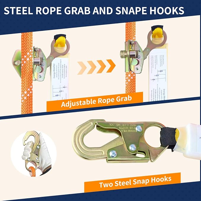 Fall Protection Safety Rope 50FT, Heavy Duty Vertical Lifeline Assembly with Grab Snap Hooks Shock Absorber, Safety Lanyard for Roofing Tree Climbing Construction