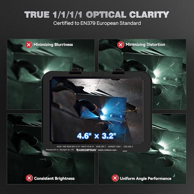 ARCCAPTAIN Premium Auto-Shade Welding Helmet, 4.6" x 3.2" Intelligent Large Viewing Screen Welding Hood, 1/1/1/1 Optical Clarity, Internal Display, Memory & Gradient, Built-in Parameter Recording