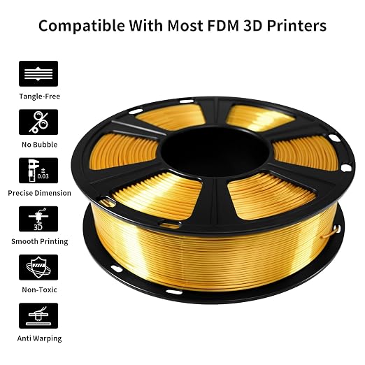 Geeetech Silk PLA Filament 1.75mm for 3D Printer, Metal-Like Shiny Consumables 1kg (2.2lbs) 1 Spool, Dimensional Accuracy +/- 0.02 mm, Metallic Gold Silk Filament