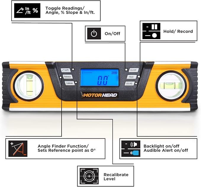 MOTORHEAD 10-Inch 0° - 180° SMART DIGITAL Level, LCD Screen, Audible Alerts, Water, Dust & Shock Resistant, Magnetic Bottom, Includes Bag, High-Visibility, Solid-Milled Aluminum, USA-Based Support