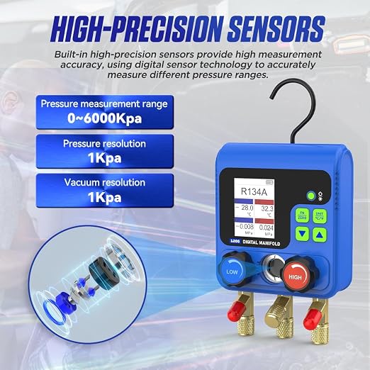 PLAYOCCAR HVAC Gauges 92 Refrigerant Digital Manifold Gauge Kits with TFT LCD, Dual Pressure Test for R134A R32 R410A R11 R12 R422 R600 Refrigerant Charging Kit Vacuum Air Conditioning Gauge
