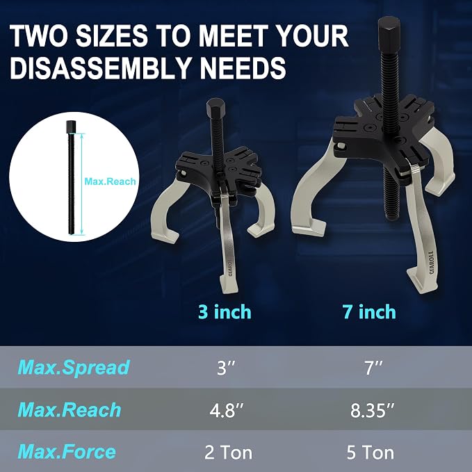 Gear Puller Set, 3" and 7" Puller Kit, 3 Jaw Gear Bearing Flywheel Pulley Removal Tool, 2 or 3 Reversible Jaws Wheel Puller