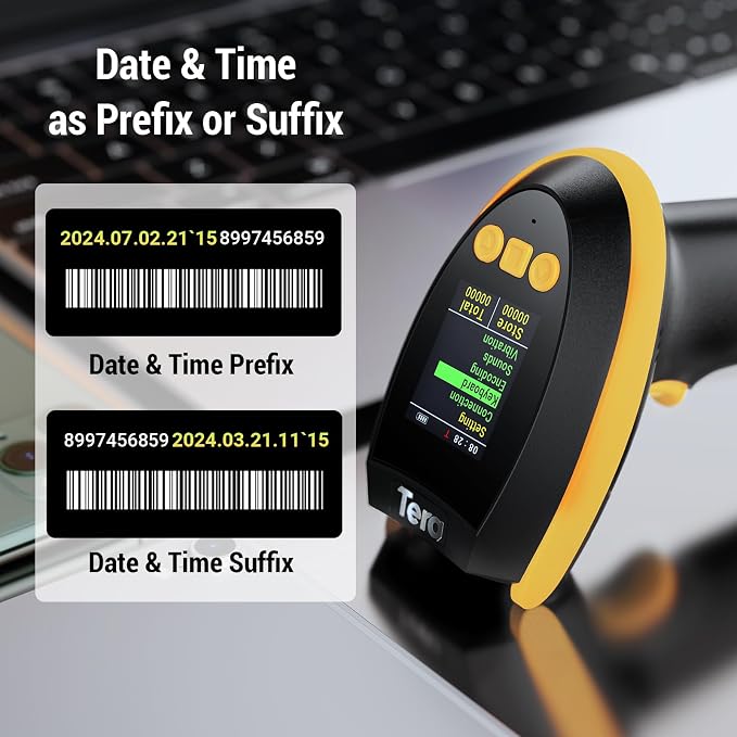 Tera Barcode Scanner Wireless 2D with Stand: Pro Version Digital Setting Screen Keypad Works with Bluetooth 2.4G Wireless USB Wired Extra Fast Scanning Speed Handheld Bar Code Reader HW0009-Z Yellow