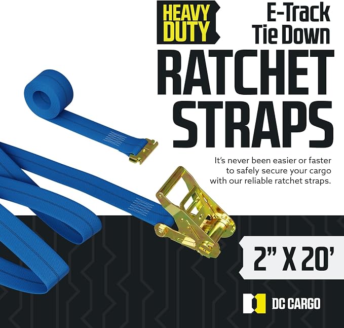 DC Cargo Mall E Track Ratchet Straps Cargo Tie-Downs, (Pack of 8) 2 x 20 Heavy Duty Blue Tie-Down Rachet Straps, Strong Ratchet Strap, E Track Spring Fittings, Tie Down Motorcycle
