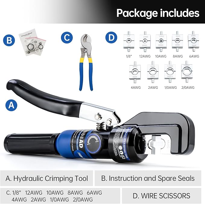 Hydraulic Crimping Tool and Cable Cutter Hydraulic Cable Lug Crimper 8 US TON 12 AWG to 00 (2/0) Electrical Terminal Cable Wire Tool Kit with 9 Die