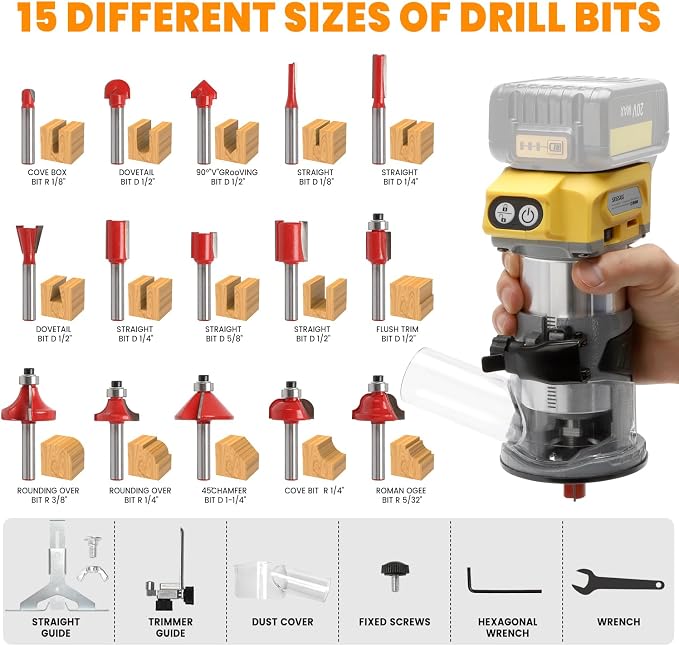 Wood Router with DeWalt 20V Battery,Router Tool for 800W 30000 RPM，5 Variable Speeds Fixed Base Cordless Router,15PCS 1/4" Router Bits【Battery Not Included】