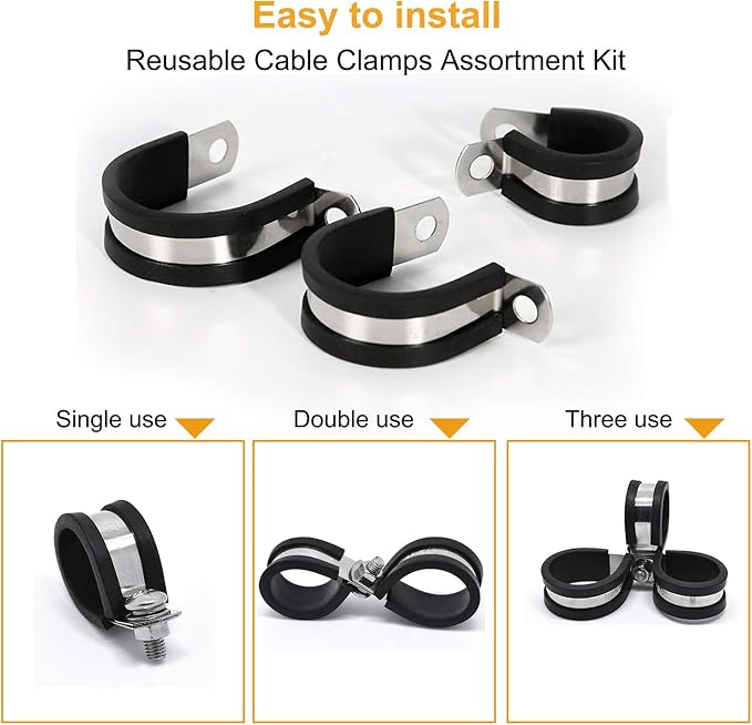 VIGRUE 60pcs Cable Clamps Assortment Kit, 304 Stainless Steel Rubber Cushion P Clamps Wire Clamp in 7 Sizes 1/4" 5/16" 3/8" 1/2" 5/8" 3/4"1''