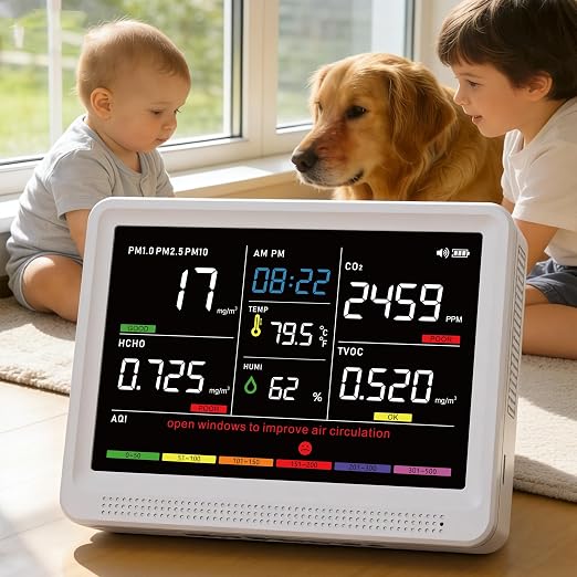 Professional 16 in 1 Air Quality Monitor Indoor 10h Battery & Real-Time Display 9 AQI+7 Alerts, Portable CO2 Monitor Air Quality Tester for CO2, TVOC, PM2.5 PM1.0 PM10, HCHO Temp/Humidity AQI & Time