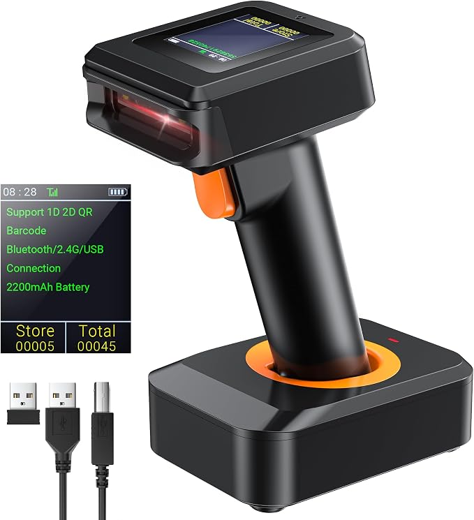 Tera Pro 1D 2D QR Wireless Barcode Scanner with Display Screen Battery Level Indicator Time Display Works with Bluetooth with Charging Cradle Base for Warehouse Supermarket Library HW0006 Pro