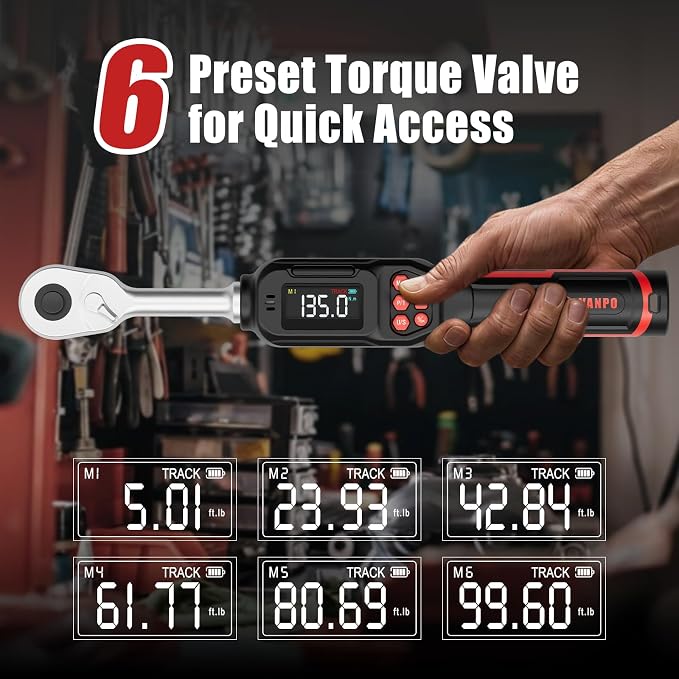 VANPO Digital Torque Wrench 3/8-Inch,5-99.6 Ft-Lb for Bike, Motorcycle | 6.8-135 Nm, Electronic Torque Wrench with Color Screen,Buzzer and LED Alertm, Preset & Data Storage forAutomotive Maintenance