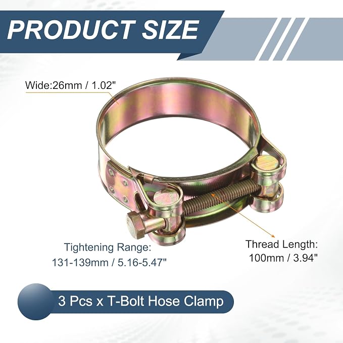HARFINGTON 3pcs T-Bolt Hose Clamp 131-139mm (5.16-5.47") Galvanized Carbon Steel Adjustable Intake Radiator Pipe Clamps for Automotive Plumbing Industrial Pipes