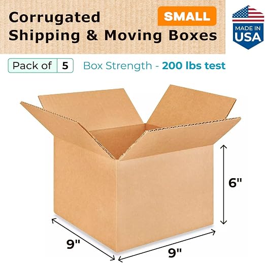 Small Moving & Shipping Boxes 9 x 9 x 6 inches (5-Pack) - Extra Strength 200 lb vs Regular - USA-Made Corrugated Packing Boxes for Delivery - Cardboard Moving Box - Moving Supplies IDL Packaging
