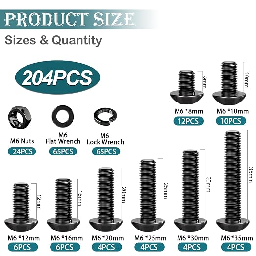 mxuteuk 204PCS M6 Screws,M6x8/10/12/16/20/25/30/35mm Hex Button Head Cap Bolts with Nuts & Washers,10.9 Grade Alloy Steel Black Zinc Screws Assortment Kit for 3D Printing,DIY