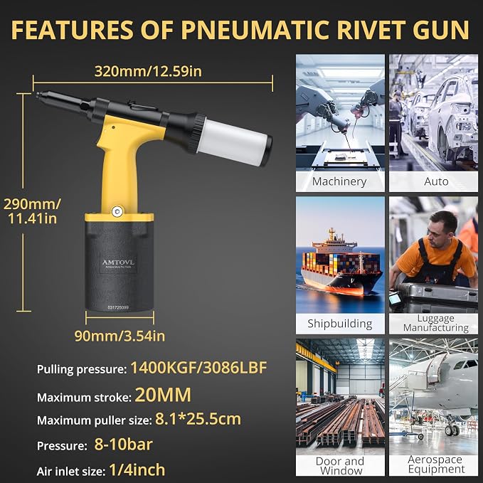 AMTOVL Pneumatic Riveter - 1400KGF/3086LBF Pulling Pneumatic Rivet Gun, Heavy-Duty Air Pop Riveter 3/32", 1/8", 5/32", 3/16", 1/4" Capacity Self-Suction Design