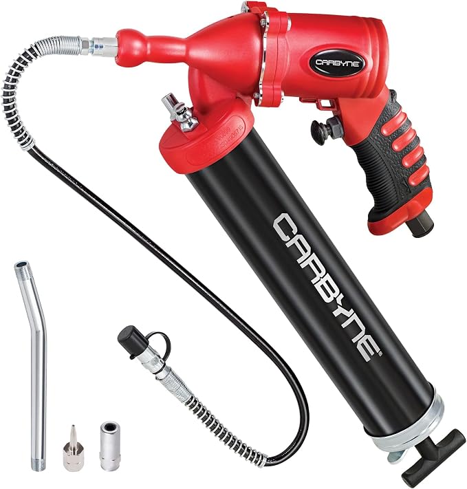 Carbyne Pneumatic Grease Gun, 6000 PSI, Air Operated, Continuous Flow, 40:1 Ratio, Aluminum Barrel, 24 in. Flex Hose, Coupler, 14 oz