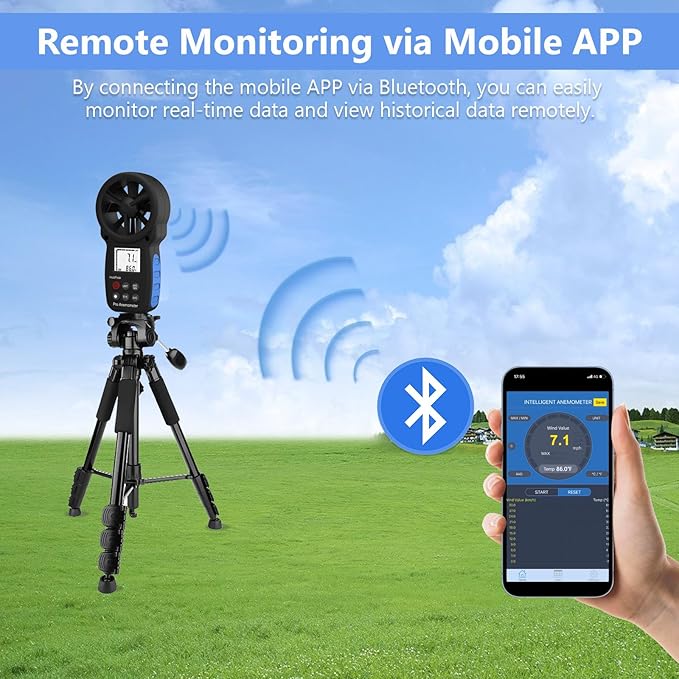 HoldPeak Handheld Anemometer Bluetooth, Digital Wind Speed Gauge Meter, Air Flow Velocity Temperature CFM Measuring Device for HVAC Outdoor Sailing Shooting Golf, 866B-APP
