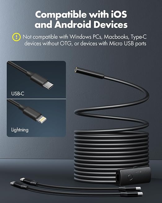 Anykit Endoscope Camera with Light, 1920P HD Borescope with 8 Adjustable LED Lights, Semi-Rigid Snake Camera with Light, IP67 Waterproof Inspection Cam for iPhone & Android, 16.5 ft Single Lens