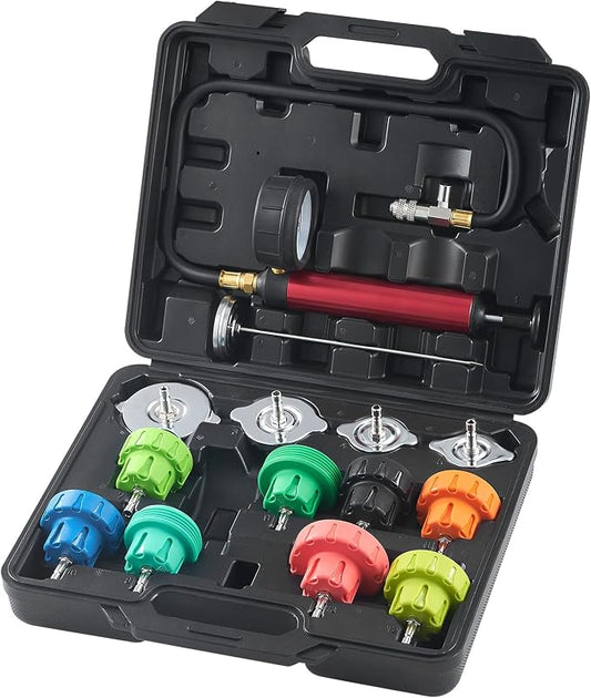 VEVOR Automotive Cooling System Radiator Pressure Tester Kit, 14 pcs Radiator Pressure Tester Kit with Manual Pump and Color-Coded Steel Test Cap Adapters, for Cars Motorcycles Trucks Cooling System