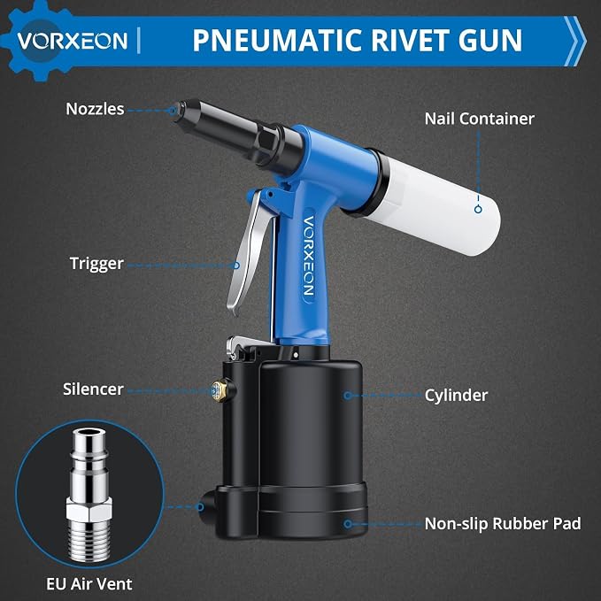 Air Rivet Gun Pneumatic with 500 Blind Rivets Aluminum Kit Pop Air Riveter Pulling Pressure 3097 lbf Heavy Duty Pneumatic Tool 3/32", 1/8", 5/32", 3/16" and 1/4" NPT