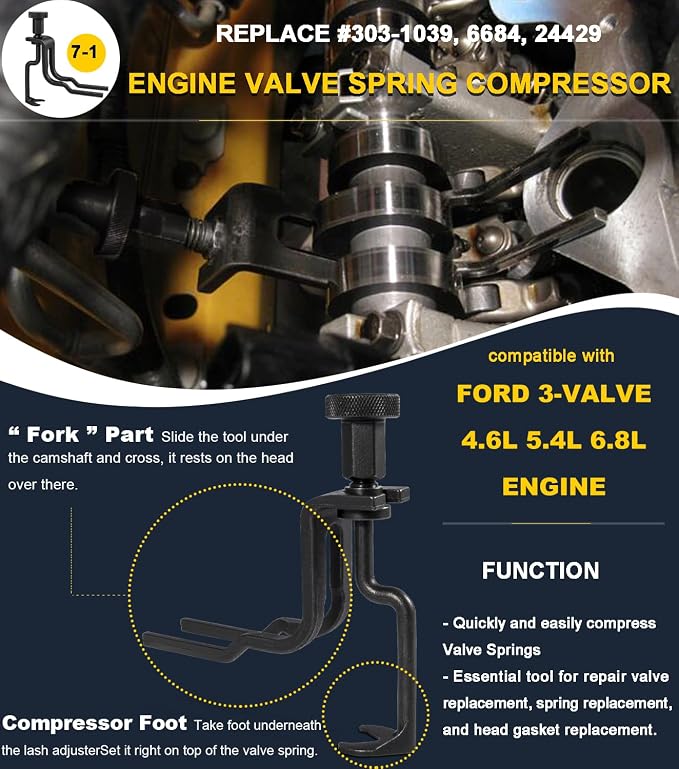 Timing Belt Tools Kit For Ford 4.6L 5.4L 6.8L 3V Engines, Valve Spring Compressor Tool, Cam Phaser Holding Tool, Timing Chain Wedge Tool, Crankshaft Position Holder, Cam phaser Mount Bolt, Pulley Bolt