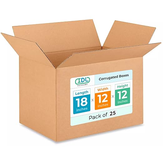 Medium Shipping & Moving Boxes 18"L x 12"W x 12"H (25-Pack) - Extra Strength 200 lb vs Regular - USA-Made Corrugated Strong Boxes for Packaging - Medium Cardboard Moving Box by IDL Packaging