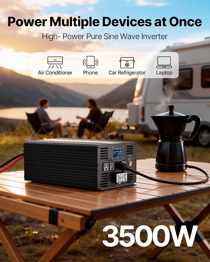 VEVOR Pure Sine Wave Inverter 3500 Watt Power Inverter, DC 12V to AC 120V Car Inverter, with USB Port LCD Display Remote Controller and AC Outlets (GFCI), for RV Truck Car Solar System Travel Camping