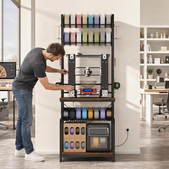 3D Printer Stand with Filament Storage,3D Printer Table with Power Outlets,Sturdy Double-Layer 3D Printer Workstation,for Workshop,Studio,Home Office and 3D Printing Enthusiasts,Retro Brown