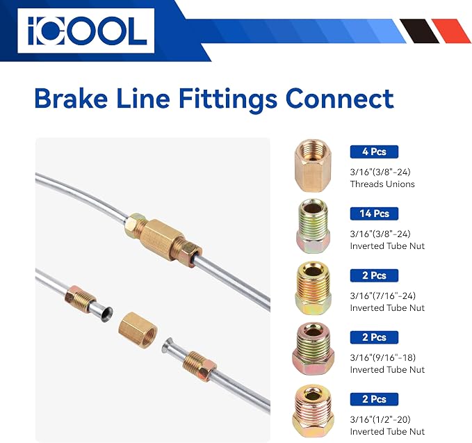 ICOOL 25 ft 3/16" Zinc Coated Brake Line Flaring Tool Kit with 20 Fittings and 4 Unions Brake Line Fittings, Brake Line Kit with Tube Bender and Reamer