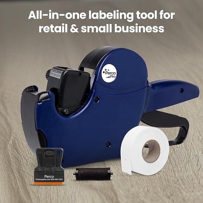 Perco Pro 2 Line Price Gun, 8 Digit 2 Line Price Label Gun Preloaded with Roll of 750 White Labels & Inker