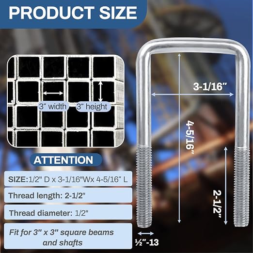 4 Sets 304 Stainless Steel Square U Bolt,U Bolts 3 inch Wide,1/2" D x 3-1/16" W x 4-5/16"L U-Bolts for Boat Trailer with Nuts and Washers, for Automobiles Trailer, Ski Boat