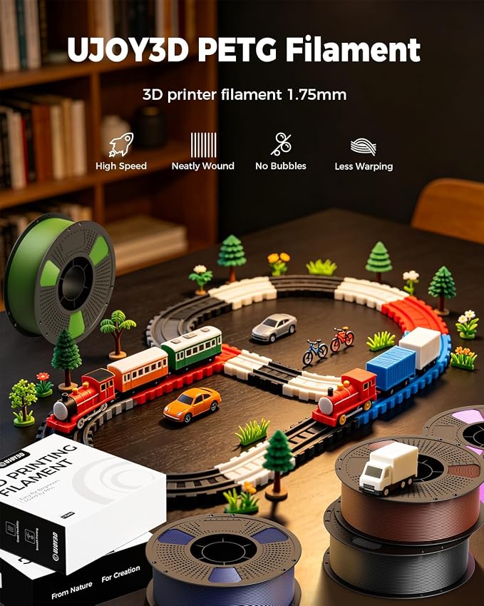 UJOY3D 10kg PETG 3D Printer Filament Bundle Multicolor, Rapid Strong PETG Filament 1.75mm, 1kg Spool, 10 Pack (Black+Jade White+Grey+Red+Cobalt Blue+Christmas Green+Orange+Yellow+Iris Purple+Pink)
