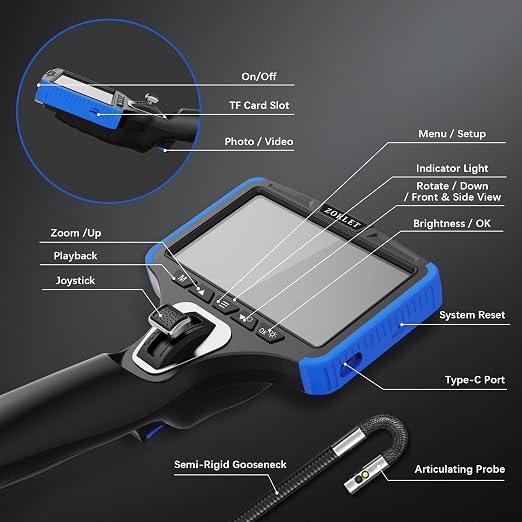 Dual Lens Two-Way Articulating Borescope Camera with Light, 5" Inspection Camera Endoscope, 0.25in Slim Probe, Waterproof 5.0FT Snake Camera for Automotive, Mechanics & Engine Inspection