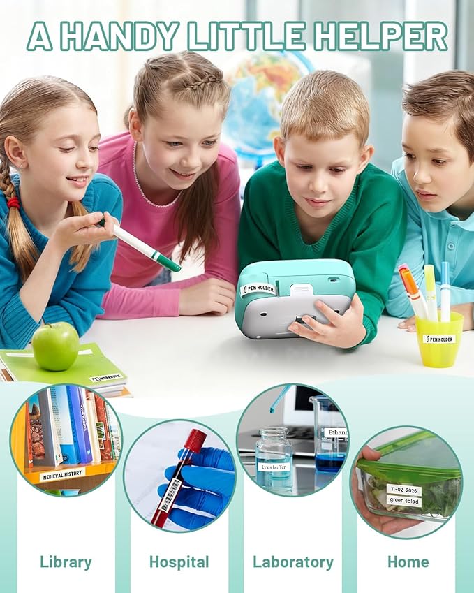 Label Maker Waterproof-Labels, Desktop Label Maker for Kids, D210S Handheld Labeler Machine with Tape-12mm 0.47 Laminated White, Multiple Symbols for Home Office School Kids Teachers Gifts