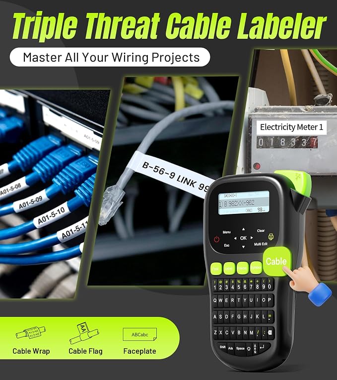 Label Maker Machine with 4 Tapes, Wire Label Maker Waterproof-Labels, Laminated Handheld Label Printer, Backlit & Portable & 3 Cable Modes, H1100 Labeler for Industrial Office Organization