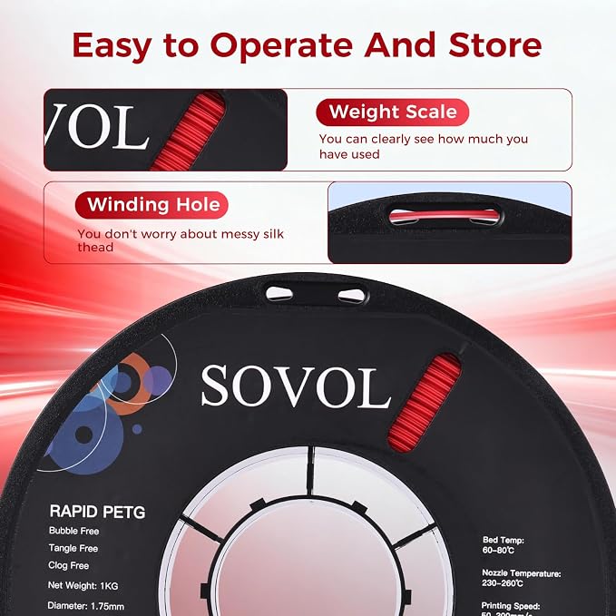 Sovol 3D Printer Rapid PETG Filament 1.75mm 1KG (2.2lbs), High Precision, Strong Toughness, Wiring Tightness, Dimensional Accuracy +/- 0.03 mm, 3D Printing High Speed PETG Filaments, Red