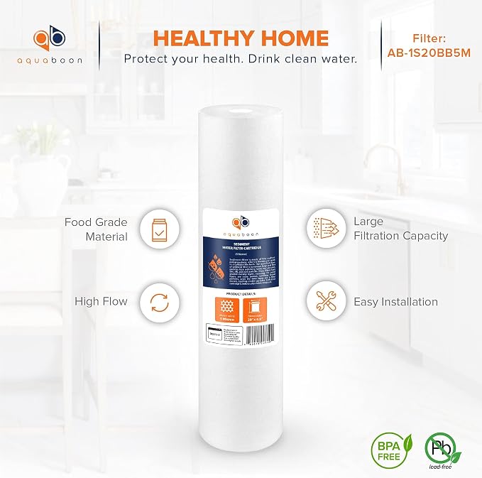 Aquaboon 1 Micron 20 x 4.5 Sediment Water Filter Replacement Cartridge | Whole House Sediment Filtration | Compatible with AP810-2, AP810-6, SDC-45-2005, FPMB5-20, P5-20, FP25B, 155358-43, 10 Pack