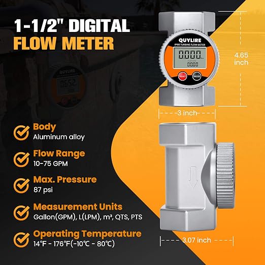 Waterproof 1.5 Inch Water Flow Meter, 10-75 GPM Digital Inline Fuel Flowmeter with NPT Thread for Hot/Cold Water, Diesel, Oil & Liquids, Supports Gallon, Liter, GPM, LPM, m³, QTS, PTS