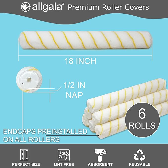 Allgala 18 Inch Painting Roller Kit Pro Grade 10 PC Set Paint Tray and Liner, Rollers and Frame, 4 FT Extension Pole