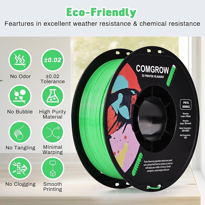 Comgrow PETG 3D Printer Filament 1.75mm, High Precision and Tough 3D Printer Filament (2LBS), Dimensional Accuracy +/- 0.02 mm, Fit Most 3D Printers Grass Green