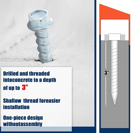 Tandefio 120 Pack 3/8" x 3" Concrete Screw Anchors Galvanized Large Diameter Heavy Duty Plated Concrete Anchors for Masonry Brick Anchoring Block Decking Framing Hex Drive