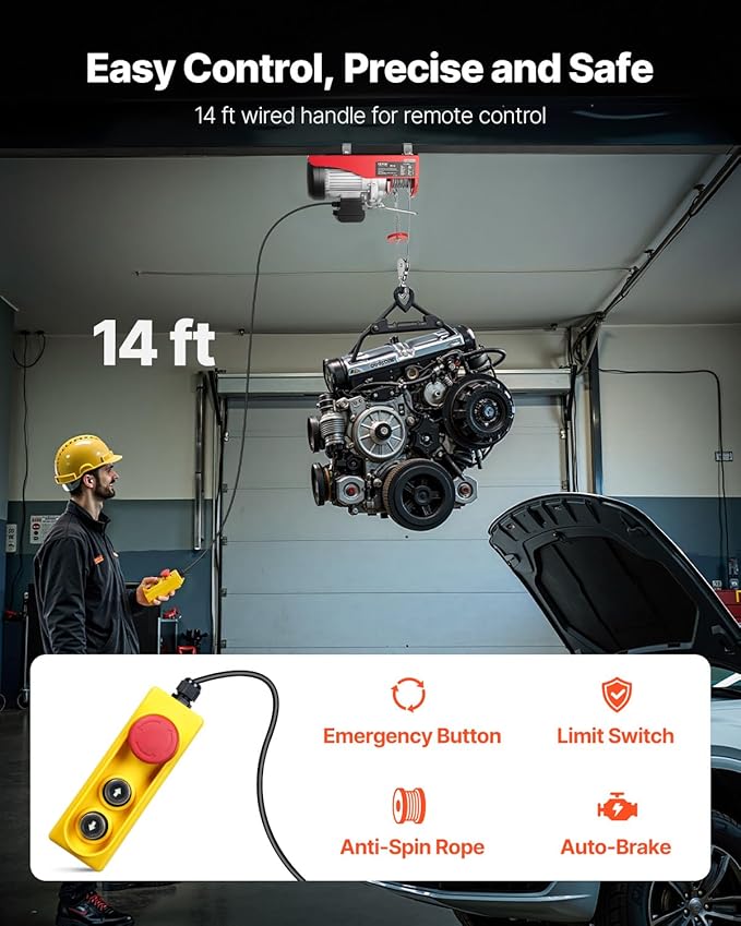 VEVOR 2200lbs Electric Hoist w/14ft Wired Remote Control, 110v Electric Hoist with 40ft Single Cable Lifting Height, for Garage Warehouse Factory Control for Garage, Shop, Hotel, Home