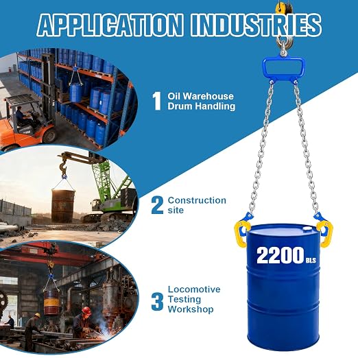Chain Drum Lifter 2200 lbs Capacity Vertical Drum Barrel Clamp with Self-Locking Hook 1-Ton Lifter for 30-55 Gallon Drums Industrial Lift for Chemical Construction