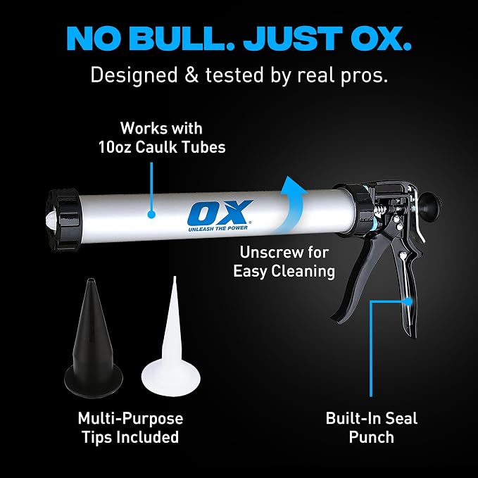 OX Pro Heavy Duty Sausage Caulking Gun - 20 oz Capacity and 12:1 Thrust Ratio Sealant Gun - Dual-Use for Tubes & Sausage Tube - Pistola De Calafateo
