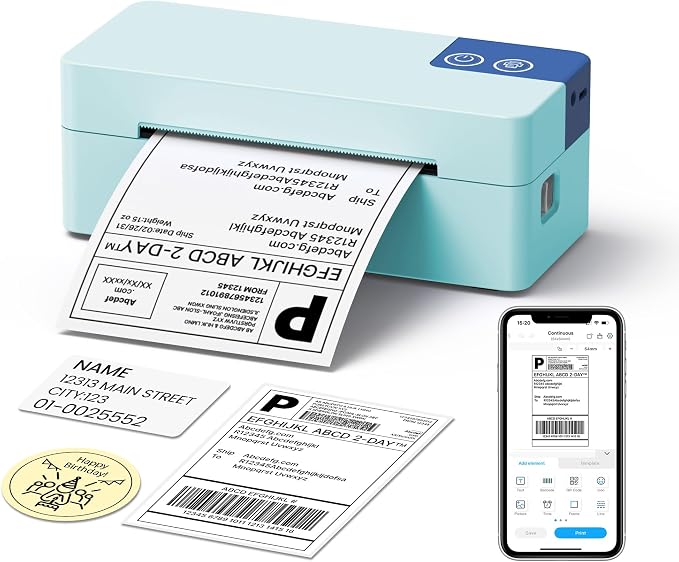 Bluetooth Thermal Shipping Label Printer, 4x6 Portable Direct Thermal Printer, Compatible with iPhone, Android, Windows and Mac, Widely Used for USPS UPS Amazon Shopify Etsy, Blue