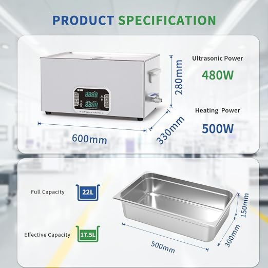 DK SONIC Professional Ultrasonic Cleaner 22L, 480W Heavy-Duty Sonic Cleaner with Timer,Heater&Touch Control, Multi-Application for Motorcycle Engines, Carburetors, Chains (Include Basket)