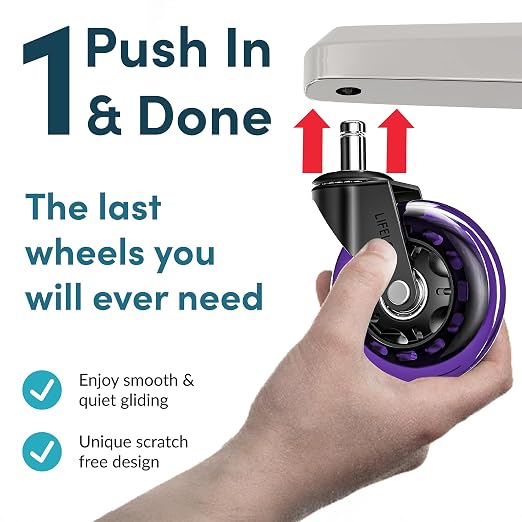 Lifelong Original Office Chair Wheels (As Seen On CNN) Replacement Rubber Chair Casters for Hardwood Floors & Carpet, Set of 5, Heavy Duty Casters for Chairs to Replace - Fits 98% (Purple)