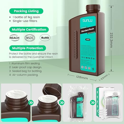 SUNLU 3D Printer Resin 3kg, Fast Curing Standard 3D Resin for LCD DLP SLA Resin 3D Printers, 395 to 405nm UV Curing 3D Printing Liquid Photopolymer Resin, Low Shrinkage, High Precision, 3000g, Clear
