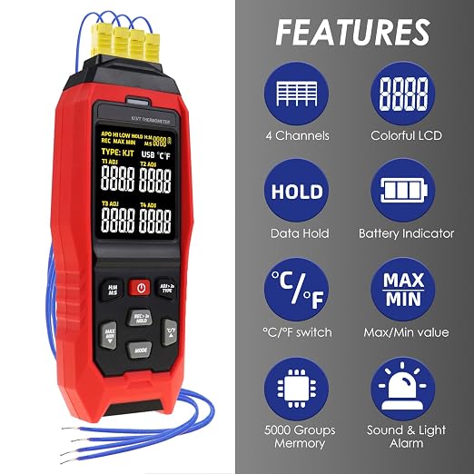 Thermocouple Thermometer Temperature Data Logger 4-Channel K/J/T Type Thermometer with 5000 Groups Data Logging and USB Export, -328~2501℉ Range HVAC Thermocouple Meter with Alarm & ADJ Compensation